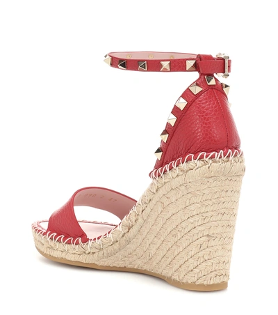 Shop Valentino Rockstud Leather Wedge Espadrilles In Red