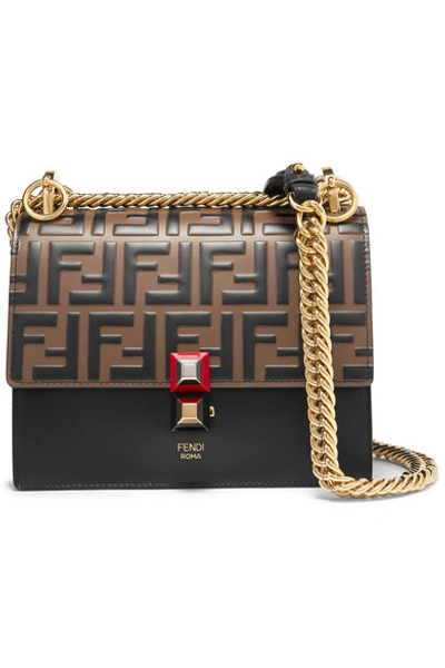 FENDI Kan I FF Logo Embossed Leather Crossbody Bag Brown