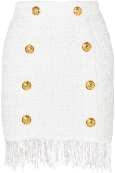 Shop Balmain Button-embellished Fringed Bouclé Mini Skirt In White