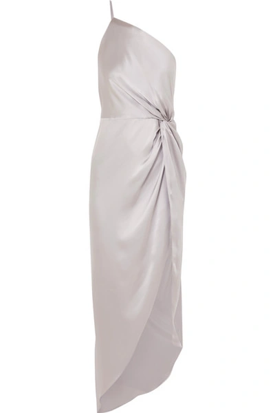 Shop Michelle Mason One-shoulder Twisted Asymmetric Silk-satin Gown In Silver