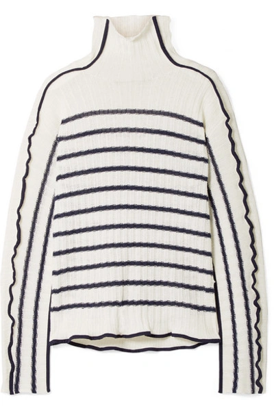 Shop Sies Marjan Harrie Canvas-trimmed Striped Ribbed Linen Turtleneck Sweater In Ivory