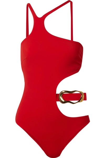 Shop Agent Provocateur Sierah Embellished Cutout Swimsuit In Red