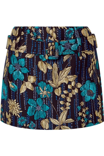Shop Prada Belted Metallic Brocade Mini Skirt In Blue