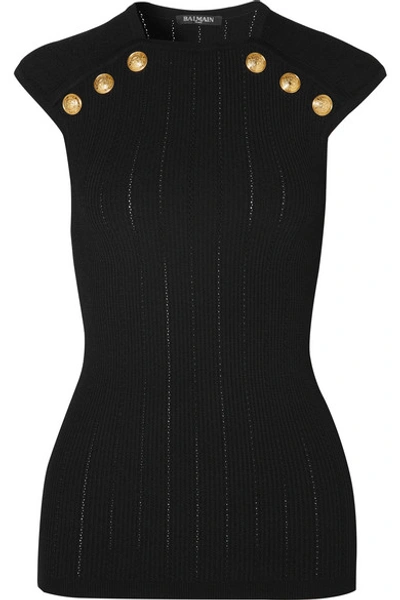 Shop Balmain Button-embellished Ribbed-knit Tank In Black