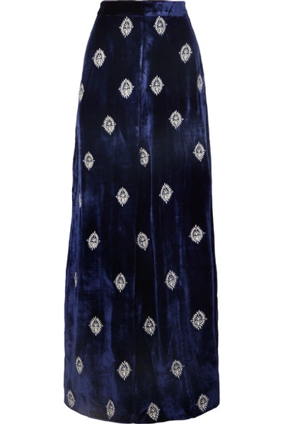 Shop Seren Joni Embroidered Velvet Wide-leg Pants In Navy