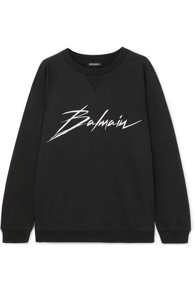 Shop Balmain Printed Cotton-jersey Sweatshirt In Black