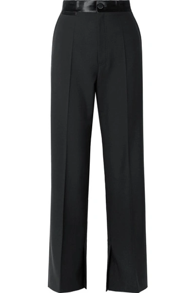 Shop Helmut Lang Satin-trimmed Wool And Mohair-blend Wide-leg Pants In Black