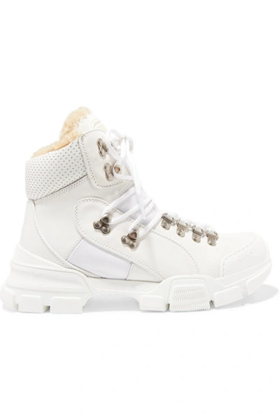 Shop Gucci Flashtrek Faux Shearling-trimmed Leather, Canvas And Suede Boots In White