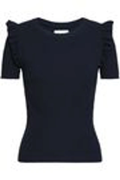 Shop Cinq À Sept Ruffle-trimmed Ribbed-knit Top In Navy