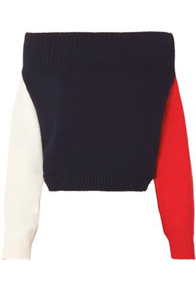 Shop Monse Woman Off-the-shoulder Color-block Cotton Sweater Navy