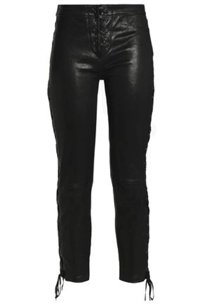 Shop Frame Cropped Lace-up Leather Skinny Pants In Black