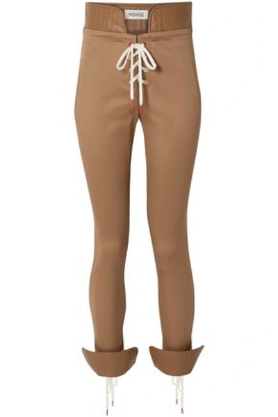 Shop Monse Woman Lace-up Leather-trimmed Cotton-blend Twill Skinny Pants Sand