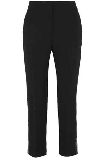 Shop Victoria Victoria Beckham Sequin-trimmed Crepe Tapered Pants In Black