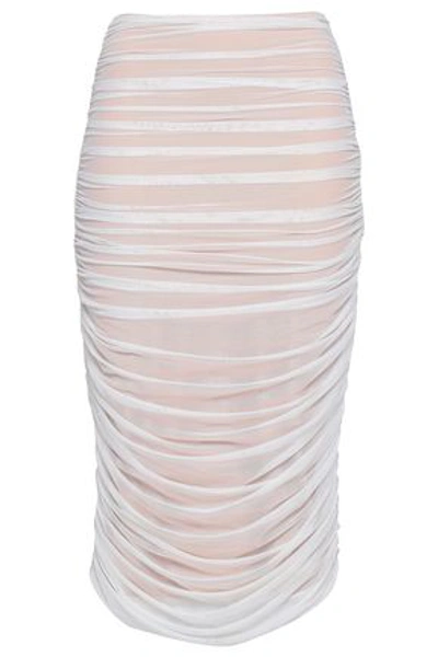 Shop Norma Kamali Ruched Stretch-mesh Pencil Skirt In White