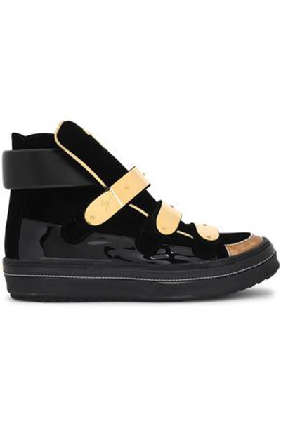 Shop Giuseppe Zanotti Ace Patent-leather And Velvet High-top Sneakers In Black