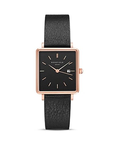 Shop Rosefield The Boxy Rose Gold-tone Black Leather Watch, 26mm X 28mm