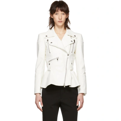 Shop Alexander Mcqueen White Leather Peplum Jacket In 9078 Ivory