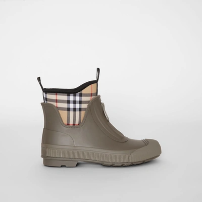 Shop Burberry Vintage Check Neoprene And Rubber Rain Boots In Military Green