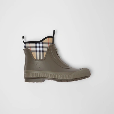 Shop Burberry Vintage Check Neoprene And Rubber Rain Boots In Military Green