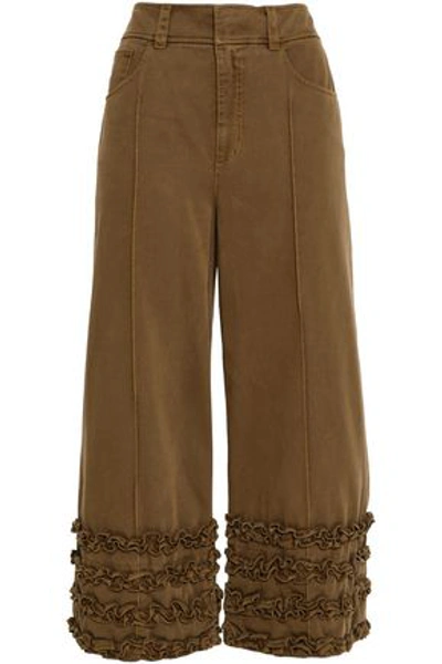 Shop Cinq À Sept Carmelina Ruffle-trimmed Cotton-twill Culottes In Army Green