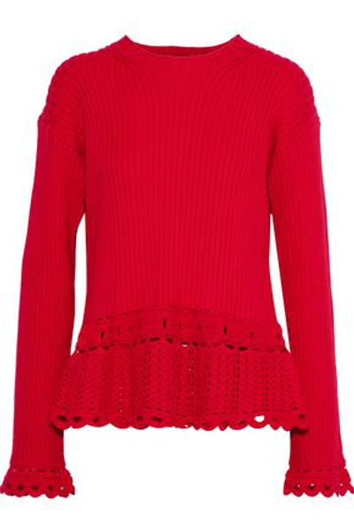 Shop Derek Lam 10 Crosby Crochet-trimmed Ribbed Cotton Sweater In Red