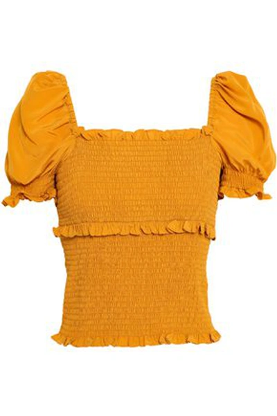Shop Cinq À Sept Woman Ellis Ruffle-trimmed Shirred Silk Crepe De Chine Top Mustard