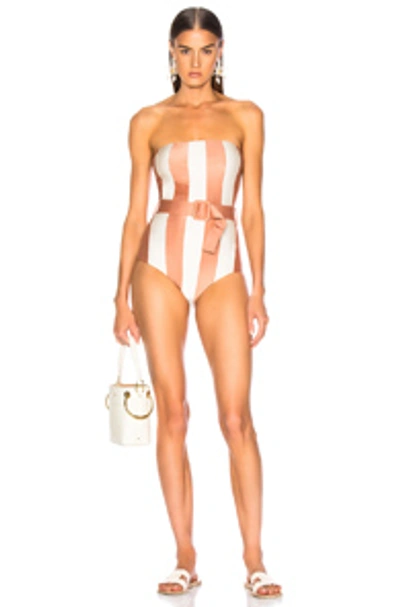 Shop Adriana Degreas Porto Striped Strapless Swimsuit With Belt In Rose & Off White