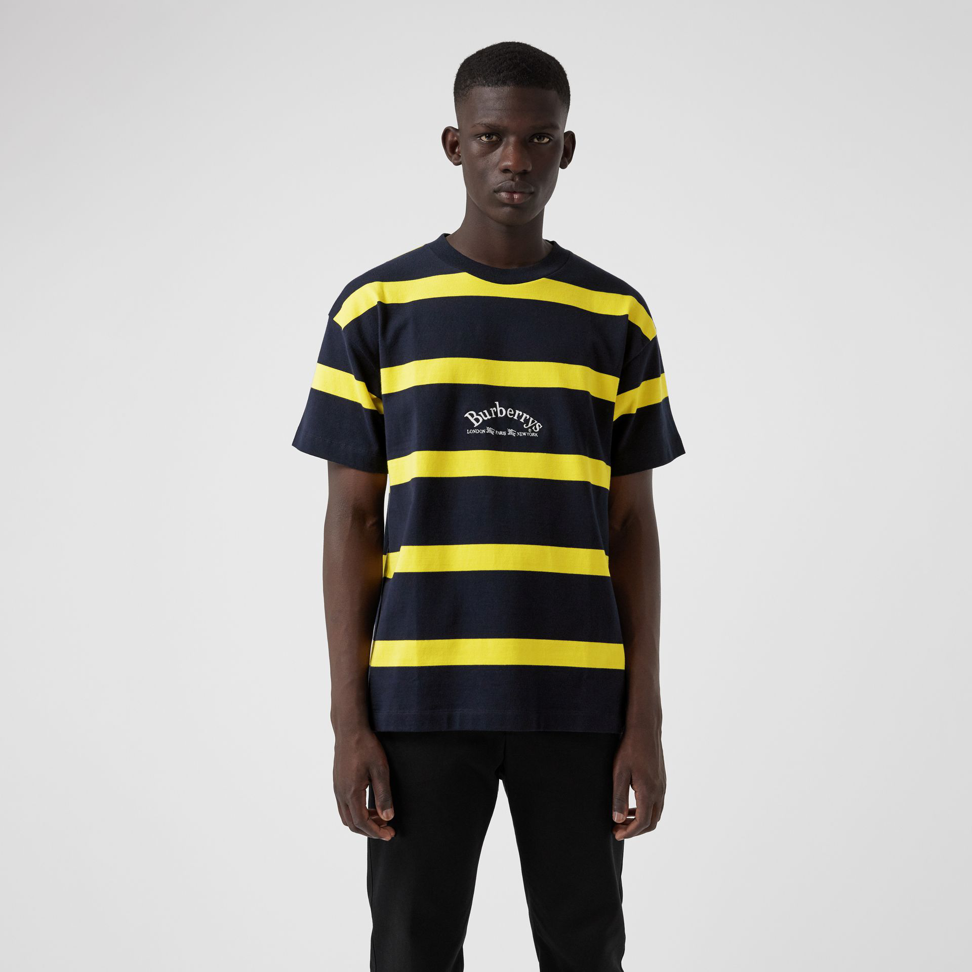 Burberry Embroidered Archive Logo Striped Cotton T-shirt In Blue | ModeSens