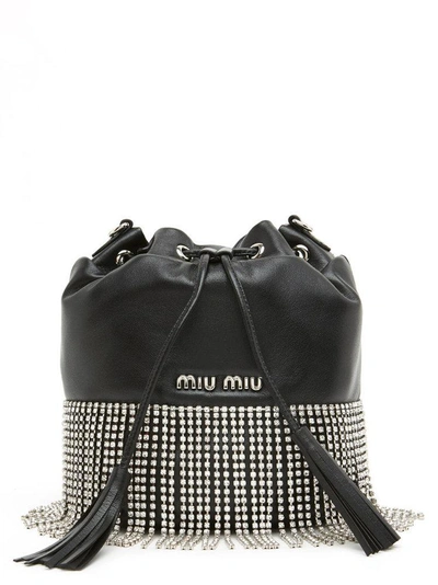 Shop Miu Miu Crystal Fringed Bucket Bag In Black