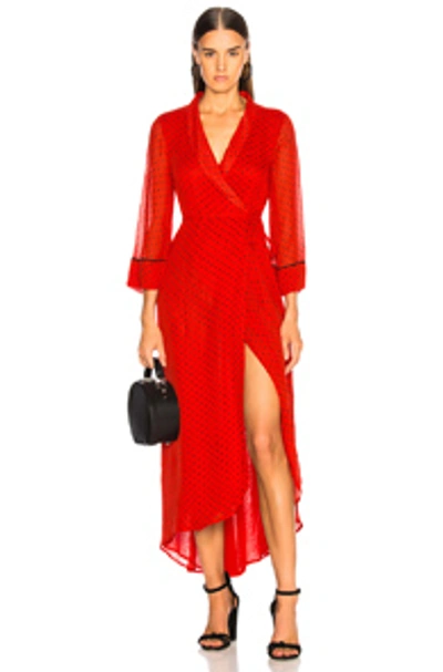 Shop Ganni Printed Georgette Dress In Fiery Red