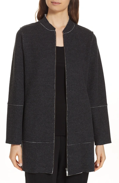 Shop Eileen Fisher Long Bomber Jacket In Black/ Soft White