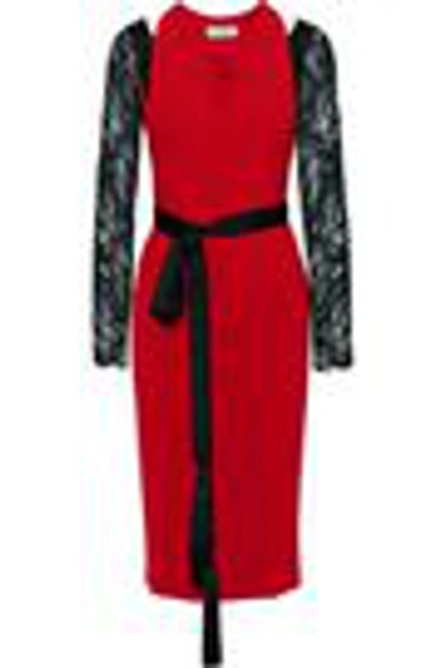 Shop Amanda Wakeley Lace-paneled Cutout Crepe Midi Dress In Red