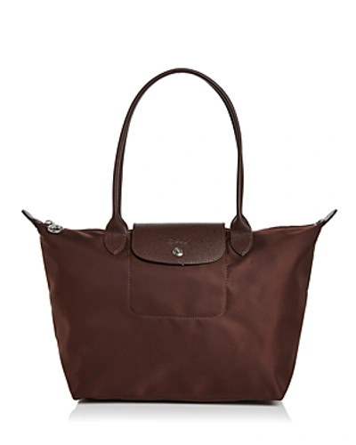 Shop Longchamp Le Pliage Neo Medium Nylon Tote In Chocolate Brown/silver