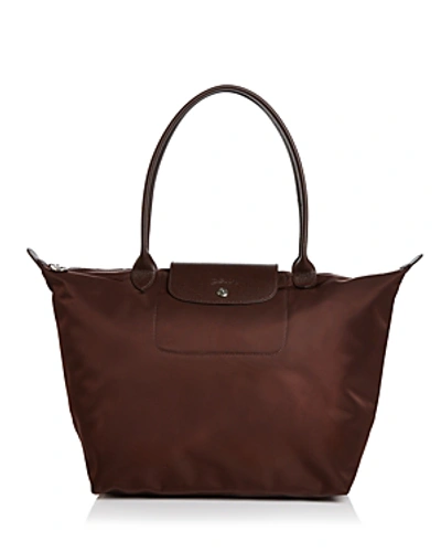 Shop Longchamp Le Pliage Neo Large Nylon Tote In Chocolate Brown/silver