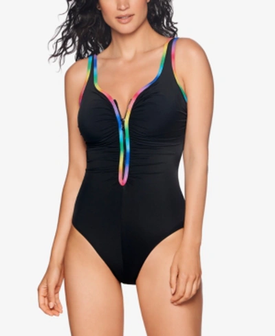Shop Reebok Contrast-trim Zip-front One-piece Swimsuit Women's Swimsuit In Multi