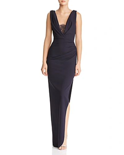 Shop Katie May Lace-inset Crepe Gown In Navy