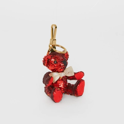 Shop Burberry Thomas Bear Charm In Sequins And Leather In Red