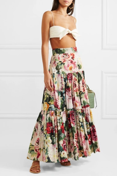 Shop Dolce & Gabbana Tiered Ruffled Floral-print Cotton-poplin Maxi Skirt In Ivory