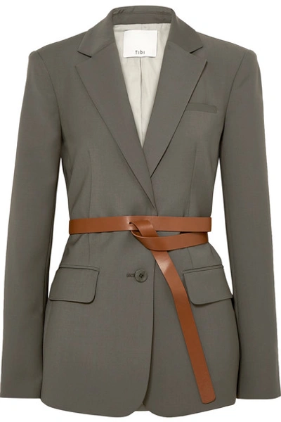 Shop Tibi Tablier Belted Woven Blazer In Dark Gray