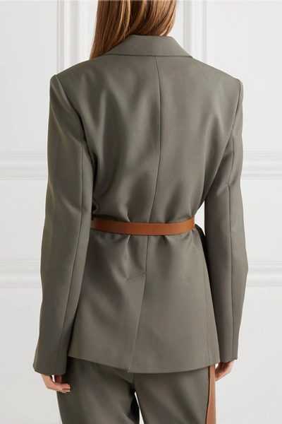 Shop Tibi Tablier Belted Woven Blazer In Dark Gray