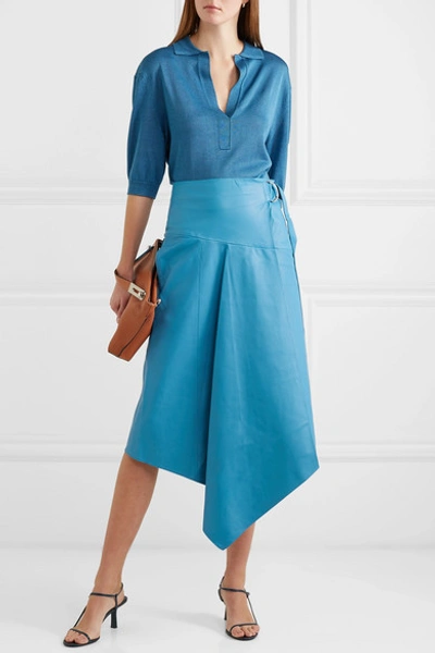 Shop Tibi Asymmetric Leather Midi Skirt In Blue