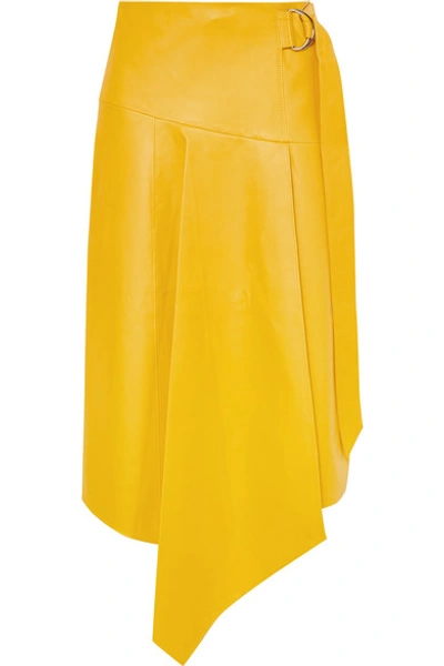 Shop Tibi Tissue Asymmetric Leather Midi Skirt In Yellow