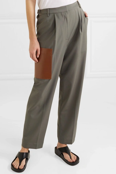 Shop Tibi Tablier Faux Leather-trimmed Woven Pants In Dark Gray
