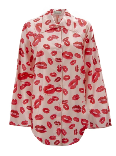 Shop Nina Ricci Pink Silk All-over Lips Print Shirt. In Rosa+rosso