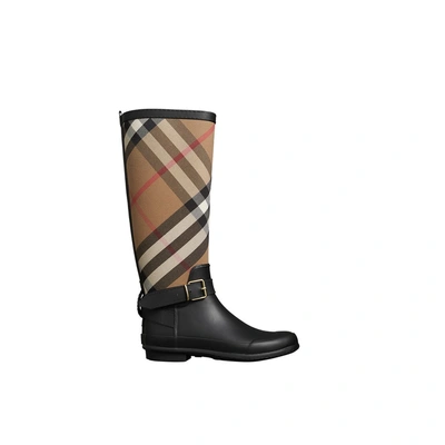 Shop Burberry Belt Detail Check And Rubber Rain Boots In Hc/black