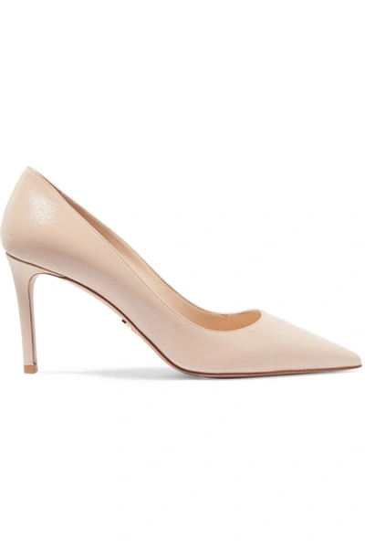 Shop Prada Glossed Textured-leather Pumps In Neutral