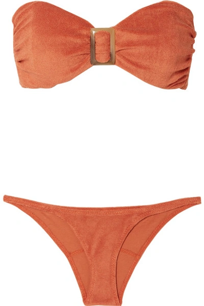 Shop Lisa Marie Fernandez Embellished Cotton-blend Terry Bikini In Orange