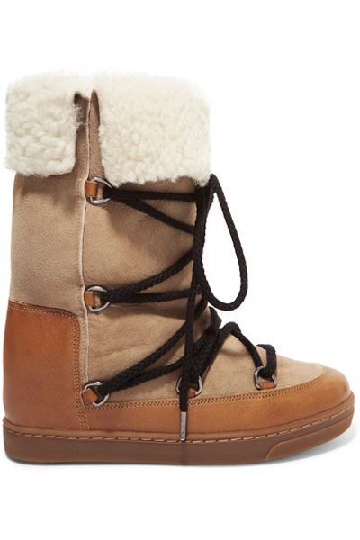 Shop Isabel Marant Nowly Shearling-lined Textured-leather And Suede Snow Boots In Camel