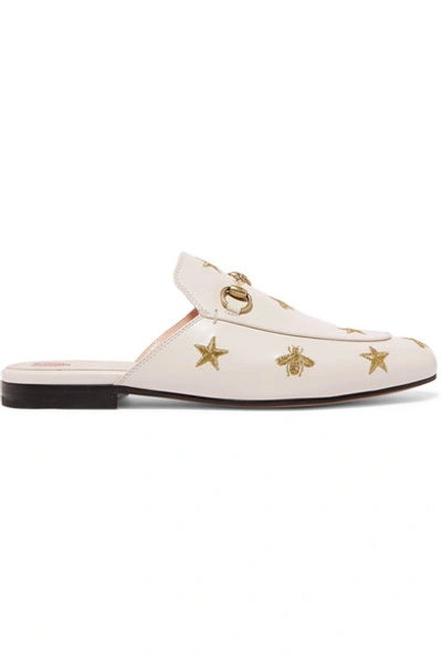 Shop Gucci Princetown Horsebit-detailed Embroidered Leather Slippers In White