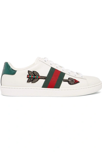 Shop Gucci Ace Watersnake-trimmed Crystal-embellished Leather Sneakers